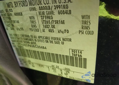 2003 Ford F-250 Lariat/Xl/Xlt из США, поврежденный, VIN 1FTNX21P63EC20484